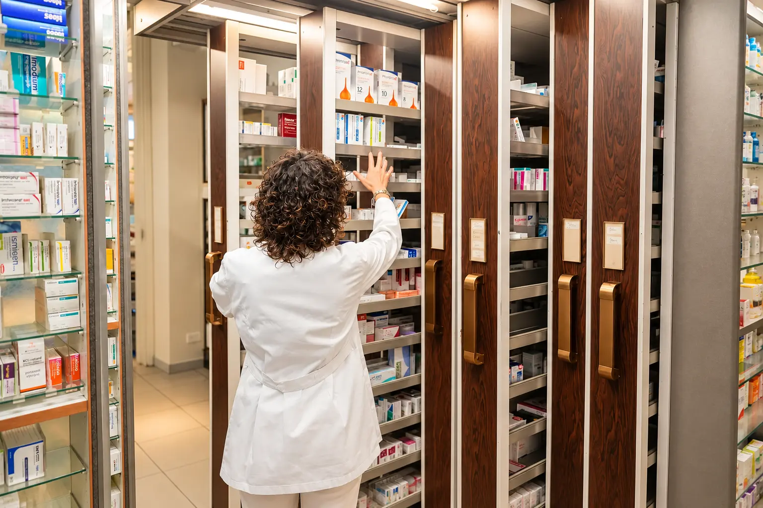 La farmacista tra gli scaffali del dispensario