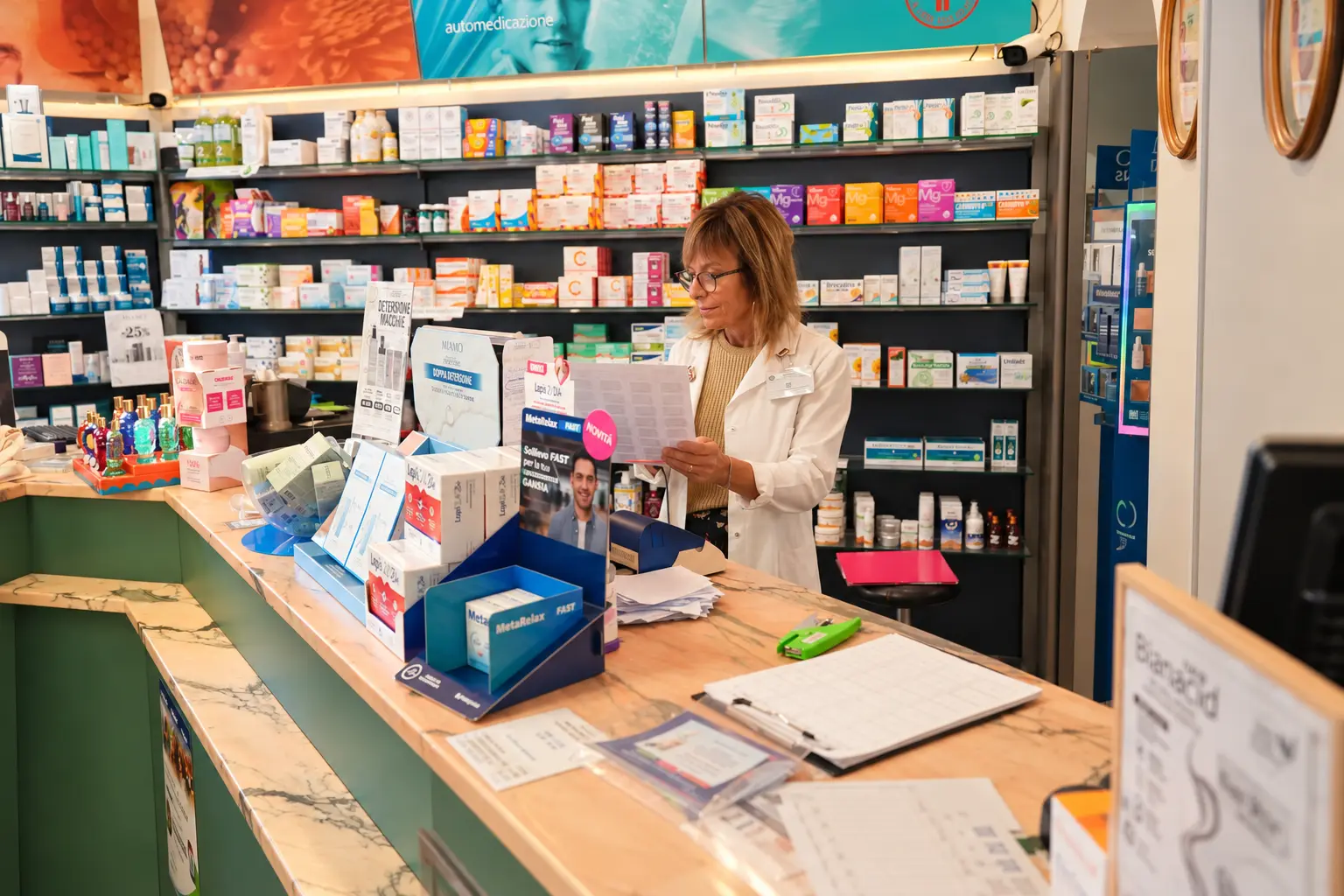 La farmacista al lavoro al bancone